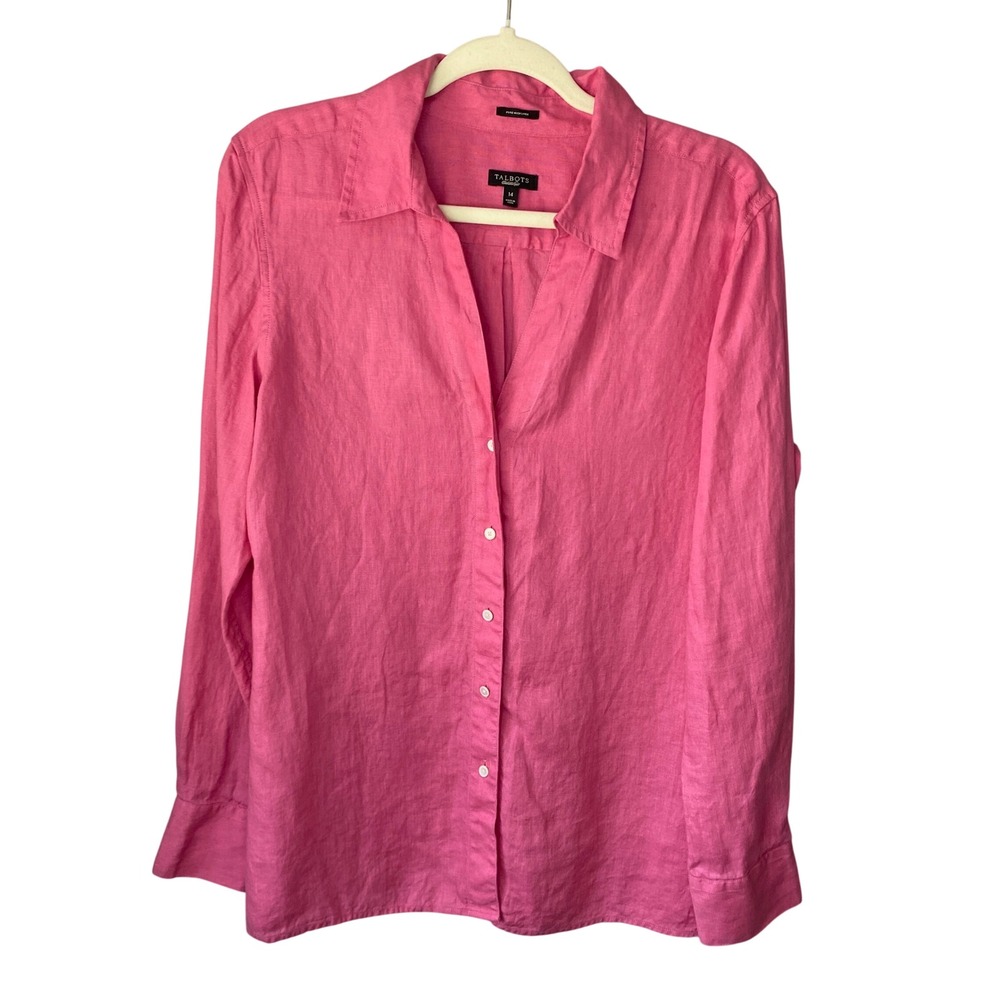 Talbots Pink Pure Irish Linen Button Down Shirt Size 14 Long Sleeve Top